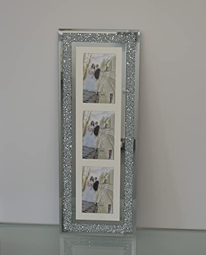 Silver Diamante Crushed Crystal Photo Frame Multi Aperture Picture Photo Frame Vertical For 3 Photos 4x6 inch Photo (63cmx24cm)