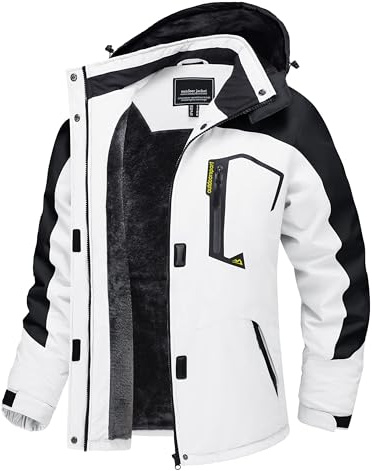 TACVASEN Women's Outdoor Waterproof Jackets with Hood Winter Fleeced Lined Warm Coat Ladies Walking Windproof Jacket Ski Thermal Coat White