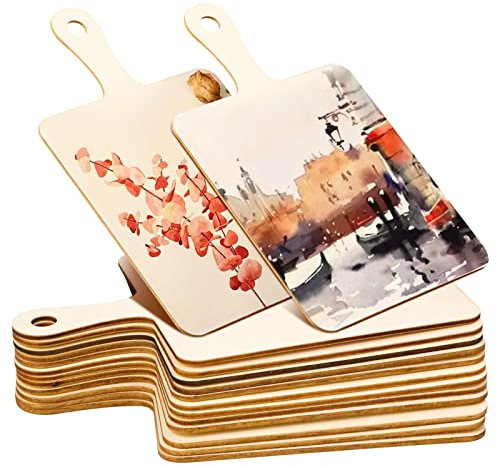Oomcu 12 PCS Wooden Mini Cutting Board for Crafts with Handle,Unfinished Wood Paddle Serving Tray Chopping Board Cutout for DIY Thanksgiving Christmas Home Kitchen Fruit Decor (9.1 x 5.5 Inch)