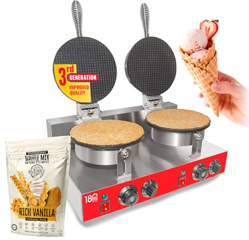 ALDKitchen Double Waffle Cone Maker - Commercial 2-Head Stainless Steel Ice Cream Cone Machine, Nonstick, Adjustable Temp & Timer - Includes Cone Roller & 3 lbs Vanilla Mix (2-Head)