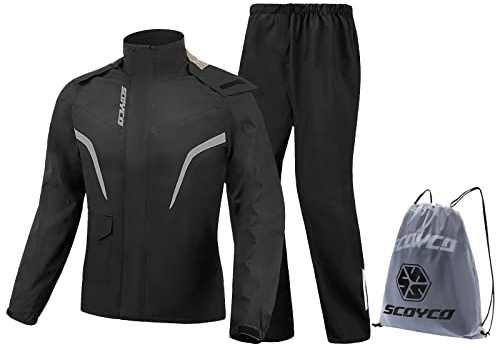 Scoyco Rain Jacket Men Waterproof, 2 Layers Packable Lightweight Breathable Rain Coat with Hood for Motorcycle Bike Golf Cycling Hiking Fishing (Black, 2 Pieces Set)