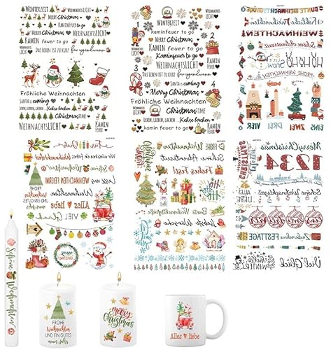 Kerzentattoos Weihnachten, Kerzen Tattoofolie Weihnachten, Kerzen Tattoo Weihnachten Advent Bunt, DIY Adventskerze Wasserschiebefolie Kerzen Tattoo Folie, Kerzentattoos Kerzen Sticker