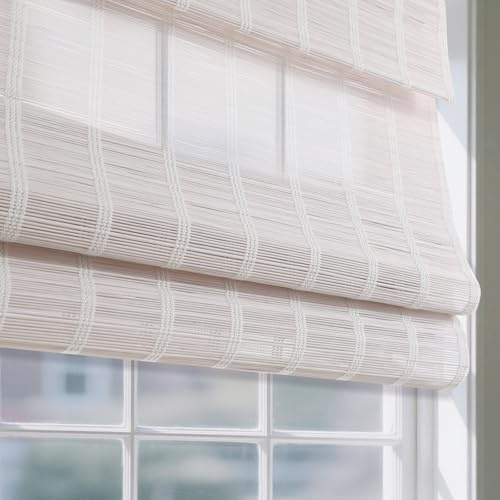 Sunbox Cordless Bamboo Roman Shade Blind, Woven Wood Roman Shades, Light Filtering Natural Bamboo Shades for Windows, French Doors, 31.5 W x 48 H, Pearly White