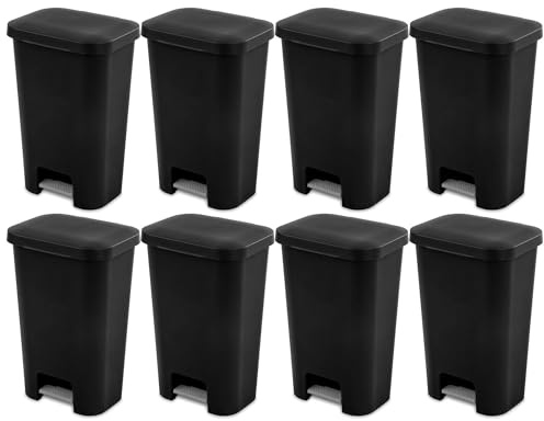 Sterilite 11.9 Gallon Rectangular Step On Kitchen Plastic Indoor Wastebasket with Wide Opening Lid and Comfort Handle for Home, Black (8 Pack)