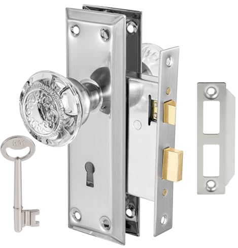 ToPToToo Ensemble de serrure à mortaise pour porte intérieure, boutons de porte en verre cristal, poignée de porte de rechange de style ancien, serrure de porte vintage avec clé squelette, finition