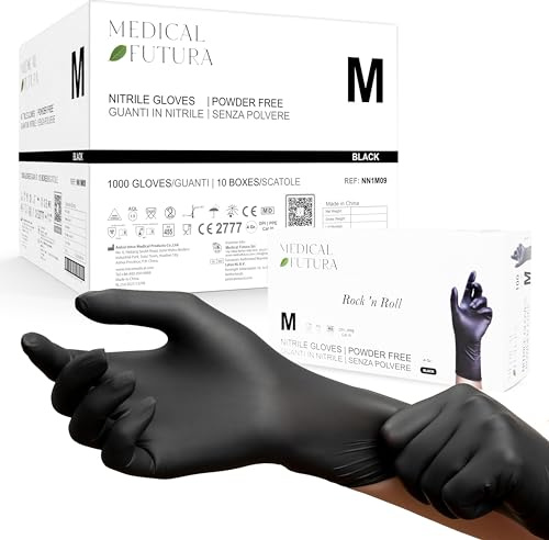 MEDICAL FUTURA - 1000 Nitrilhandschuhe M Schwarz Einweghandschuhe Anallergisch 4.0g, Puderfrei, Latexfrei, Für Kosmetiker, Tätowierer, Werkstätten, Lebensmittelverarbeitung (M, Schwarz)