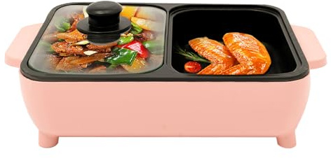 Hot Pot Electric with Grill 2 in 1 Electric Hot Pot Non-Stick Pan Portable Multi-functional Grill Dual Temperature Control Pink for Indoor Outdoor Party Home