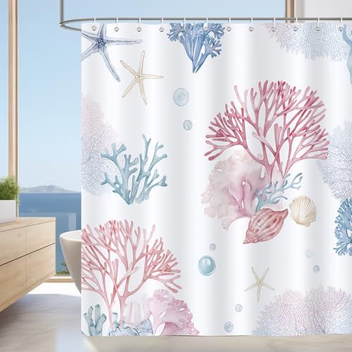 Bonhause Duschvorhang Rosa Blau Koralle Nautische Ozean Thematisch Duschvorhänge 180 x 180 cm Anti-Schimmel Wasserdicht Polyester Stoff Waschbar Bad Vorhäng für Badzimmer mit 12 Haken