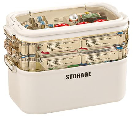 JUMBENA Medikamenten Aufbewahrung mit Transparentem Deckel und Tragegriff, Weiß Medizinbox, Hausapotheke Box, Apothekenbox, Medizinkoffer Groß (3-Regal)