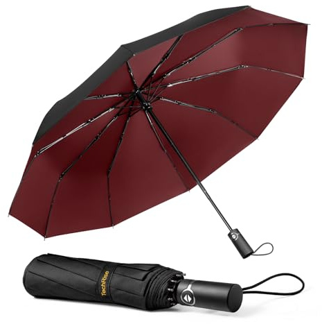 TechRise Parapluie Pliable Automatique Compact Coupe-Vent Avec 10 Baleines - Ouverture et Fermeture à Un Seul Bouton - Portable Pour Hommes et Femmes, Rouge et Noir