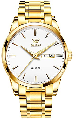 OLEVS Hombre Relojes Analógico Cuarzo Luminoso Resistente Agua con Doble Fecha Hombre Reloj Dorado Acero Inoxidable Reloj para Hombres Clásico Elegante Negocios Sencillez Esfera Blanco
