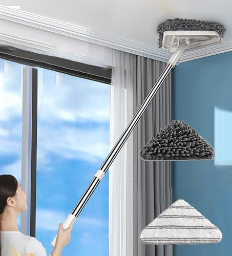 Trapeador triangular giratorio 3 en 1 con escobilla de goma y almohadillas de felpilla de microfibra, ideal para limpiar paredes, techos, suelos y ventanas, 155 cm de longitud