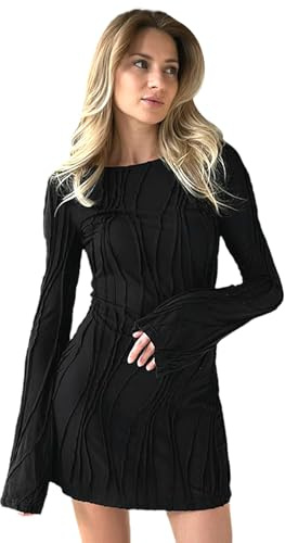 AOWVUTS Womens Long Sleeve Mini Dress Textured Round Neck Casual T-Shirt Dress Elastic Soft Slim Fit Short Dress Tunic Bodycon Dress Y2K Going Out Party Club Dresses Black