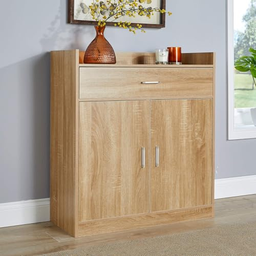 Home Source Shoe Cabinet, 2 Door 1 Drawer Storage, Compact Hallway Cupboard Organiser, Footwear Rack Stand, Wooden Sideboard, Oak Effect