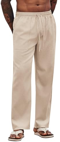 COOFANDY Pantalones Hombre Casual Pantalones Verano Pantalón Lino Bolsillos Laterales Pantalón Yoga Caqui Claro L