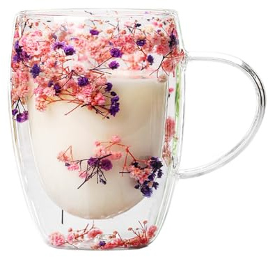 Dried Flowers Double Walled Glass Mugs | 350ml Insulated Coffee Cup | Double Wall Glass Mug Cup with Dry Flower | Clear Glass Dried Flower Cup with Handle for Hot and Cold Beverages