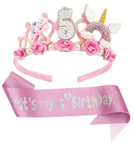 LunarCharm Floral Birthday Crown and Glitter Sash for Girls, 5th Birthday Decorations, Pink, One Size Fits All