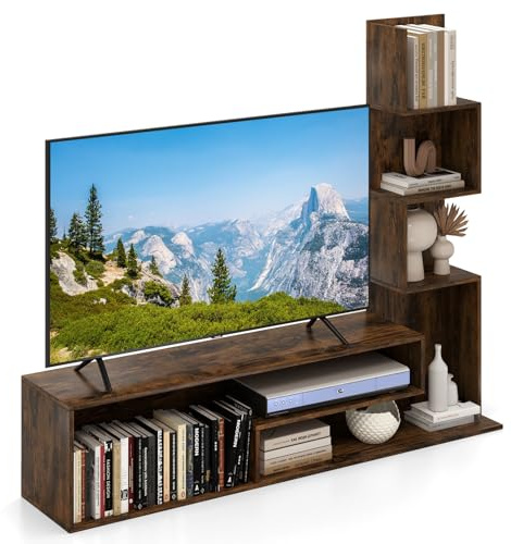 COSTWAY Meuble TV Cubique, Bibliothèque en L pour Télé 50, 7 Étagères Ouvertes, Étagère Colonne pour Petite Espace, Salon, Chambre, Kits Anti-basculement Inclus (Marron Rustique)