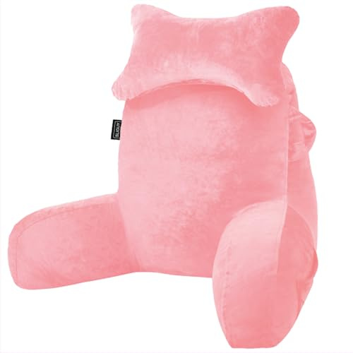 SLIGUY Reading Pillow for Sitting in Bed Couch Adult, Back Pillow with arm Support and Pockets, Adult Back Pillow Bed Chair for Rest, Reading, Watching TV, Gaming for Boys and Girls Pink