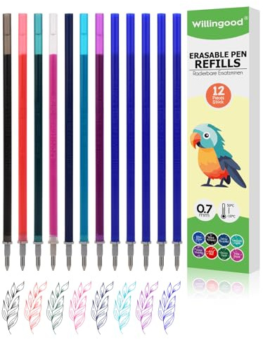 Willingood Mine di ricambio per penne [5 blu + 7 colori, confezione da 12 pezzi], cartucce per penne cancellabili, set di penne