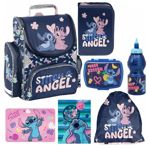 PASO - Schulranzen für Jungen und Mädchen, 7er-Set - Schul-Rucksack für Kinder mit Federmäppchen - Schuhbeutel Brotdose und Trinkflasche - Stitch Motiv - 1-3 Klasse