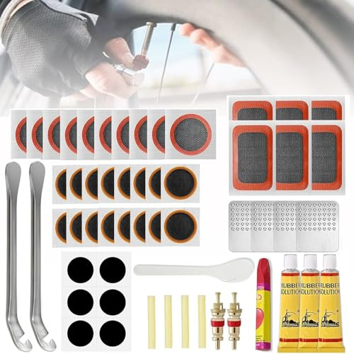 EHIOG 56Pcs Kit Réparation Pneus Vélo, Trousse Outils Multifonction pour Vélo, Rustines Auto-adhésives et Vulcanisées, Levier, Râpe, pour VTT, Vélo de Route et Urbain