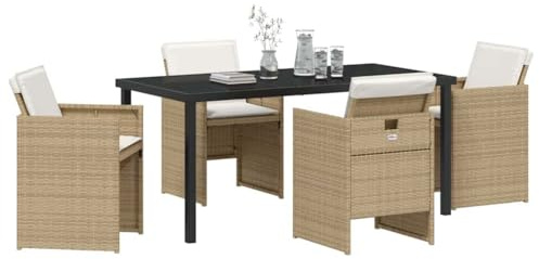vidaXL 5-delat trädgårdsmatsalsset med kuddar Beige poly-rattan Hållbar utomhusstol för balkongsstolar Modern bekväm design med avtagbara överdrag. Terrassstolar Möbler PE