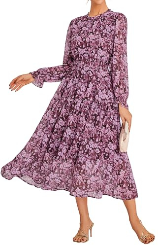 GRACE KARIN Womens Floral Chiffon Maxi Dress Casual Long Sleeve Crew Neck A-Line Summer Dresses CL0211-01/Purple Flower M
