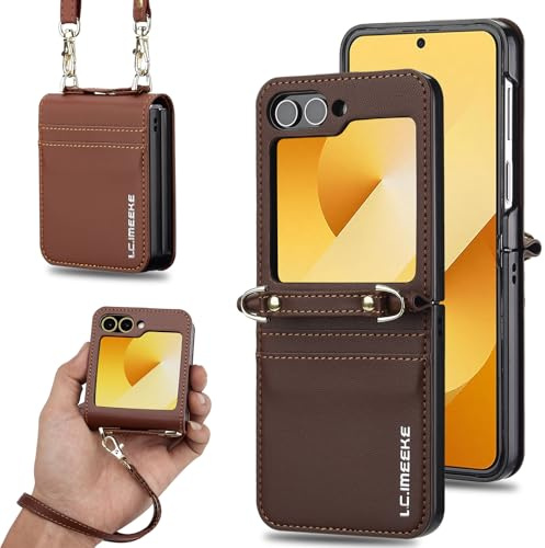 ZHOZEXIN Étui Portefeuille élégant en Cuir PU pour Samsung Galaxy Z Flip 5, avec Support, Fente pour Cartes, dragonne et bandoulière.（Brun）
