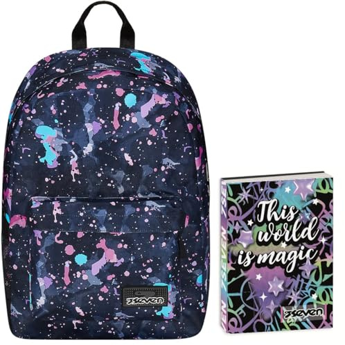 Zaino Monoscomparto Seven IschoolPack, Blu e Rosa, Con Power Bank integrato e Usb Plug, Scuola e Viaggio + Seven Diario 12 Mesi, Nero, Ragazza