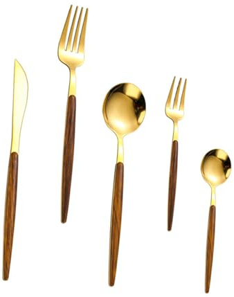 Ensemble de Couverts Style Nordique 5 Pièces en Acier Inoxydable | Manches en Bois, Finition Or, pour Repas Quotidiens et Desserts, Lot Complet de Table