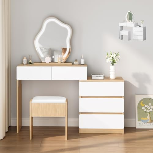 ALFORDSON Schminktisch mit Spiegel, 5 geräumigen Schubladen und Aufbewahrungshocker, 10-stufig verstellbare LED-Leuchten, moderner Frisiertisch für das Schlafzimmer für Frauen und Mädchen,Holzfarbe