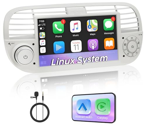 Autoradio Linux Fiat 500 (2007-2015) –Avvio in 3-5 secondi | Schermo IPS 7, CarPlay & Android Auto wireless, AM/FM/RDS, DSP, USB, Bluetooth, microfono, comandi al volante – plug & play