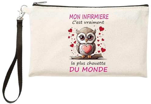 Jm-Déco Trousse Cadeau infirmière – “Mon infirmière c’est Vraiment la Plus Chouette du Monde” – Pochette Hibou Mignon – Cadeau Original hôpital, IDE, santé, Soin, Femme - TR567