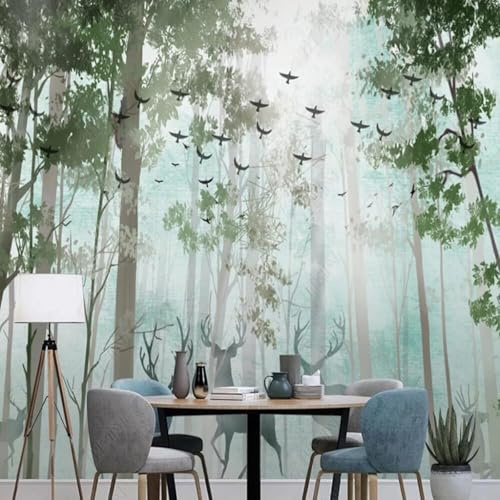 Hand Painted Fresh Beautiful Forest Deer Flying Birds 3D Wallpaper Premium Textured Silk Study Dining Living Room Bedroom Sofa TV Wall Easy Install-200cm×140cm