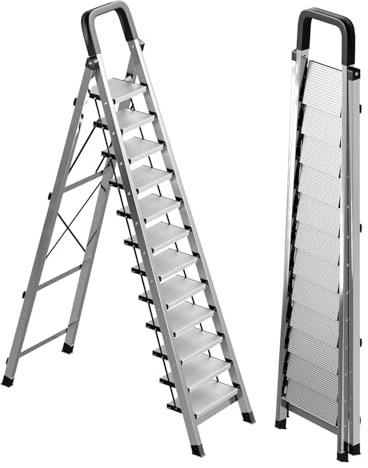 12 Step Ladder with Handrail,Folding Step Stool Heavy Duty,Protable Step Ladders with Anti-Slip Widen Pedals,Sponge Handrail,Safe-Lock Design,Tall Kitchen/Closet Step Ladder