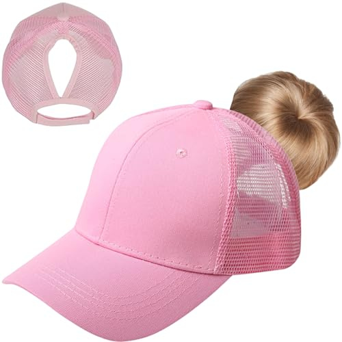 InfiniZer Basecap Damen mit Pferdeschwanzloch, Atmungsaktiv Mesh Ponytail Cap für Sommer, Sport & Tennis, Verstellbare Kappe mit Zopfloch (Rosa)
