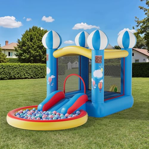Warmiehomy Blue Bouncy Castle with Slide Ball Pit Outdoor for Kids Age 3 4 5 6 7 8 Inflatable Bounce Play House with Blower Storage Bage Ocean Ball for Garden Park Birthday Party Children Gift