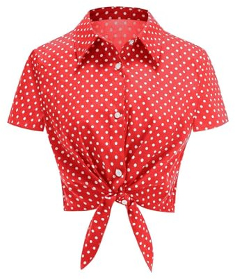 Camiseta de lunares para mujer, cuello alto, vintage, sin vientre, blusa de manga corta, Oxford, con botones, para verano, tiempo libre, rockabilly, túnica, playa, vacaciones, cubierta, pinup