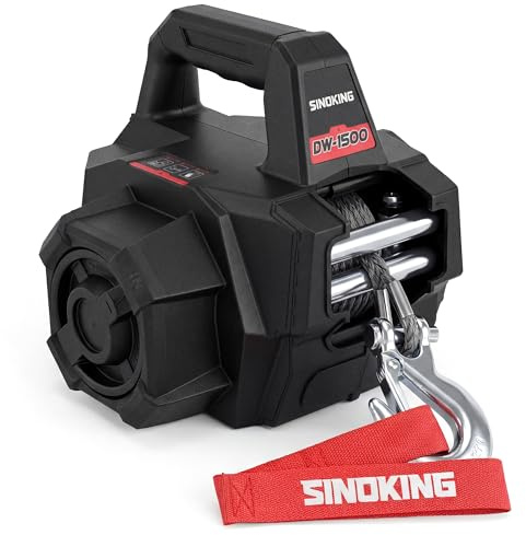 SINOKING 1500 LB Portable Winch, Drill Winch with Universal Drill Fitment, 40 ft Synthetic Rope, Free-Spool Clutch, 360° Swivel Hook for ATV, Farm, Rescue and Trailer Use