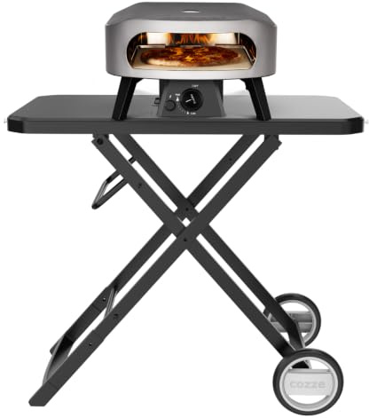 Cozze® 13 Zoll Pizzaofen CLASSIC Gas 50 mbar mit faltbarem Outdoor-Tisch, Regler, Schlauch, Tür & Pizzastein, Schwarz