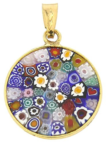 Glass Of Venice Italienischer Muranoglas-Anhänger, kleine 3/4 Zoll runde, mehrfarbige Millefiori-Blume aus Sterlingsilber – Muranoglas-Anhänger für Damen