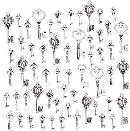 PandaHall 45~55 Stück Vintage Schlüssel Tibetischem Stil Schlüsselanhänger Deko Anhänger Schlüssel Halskette Charms für Halskette Herstellen Schmuck Basteln Hochzeit Deko, Antique Silver