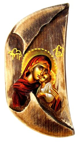 IconsGr griechisch-christlich-orthodoxe Holz-Ikone der Jungfrau Maria und Jesus Christus, handgeschnitzt, 15,5 x 8 cm