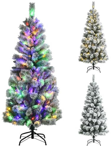 GYMAX 5FT/6FT Pre-lit Snow Flocked Christmas Tree, Hinged Artificial Xmas Tree with 140/200 Multi-Color LED Lights, Branch Tips and Metal Stand, Xmas Full Tree for Home, Office & Store (155cm)