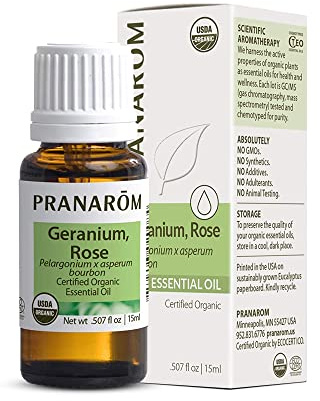 Pranarom USDA Certified Organic Rose Geranium Essential Oil (15ml), 100% Pure Undiluted Therapeutic Grade from Madagascar for Aromatherapy, Diffuser, Skincare, Relaxation, Pure Rose Scent