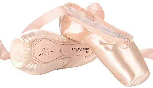 Soudittur Ballett Spitzenschuhe Satin Tanzschuhe Rosa Ballerinas mit Aufgenähten Bändern und Spitzenschoner für Damen Mädchen EU 43
