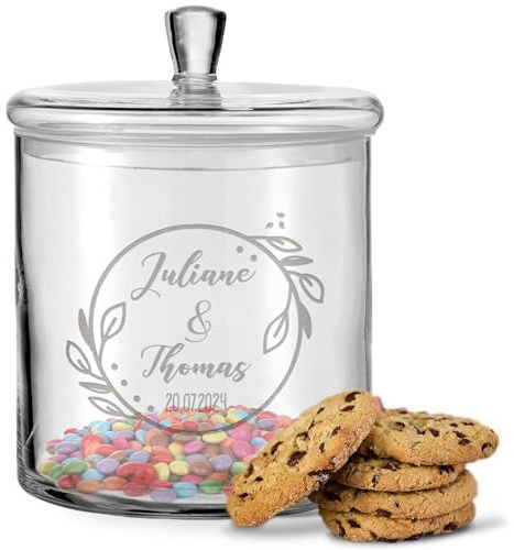 GRAVURZEILE Leonardo Keksglas mit Gravur - Keksdose Bonbonglas mit Deckel - Vorratsdose personalisiert mit Namen & Datum - Geschenk für Paare, zur Hochzeit als Geldgeschenk - Farbe: Blumenkranz