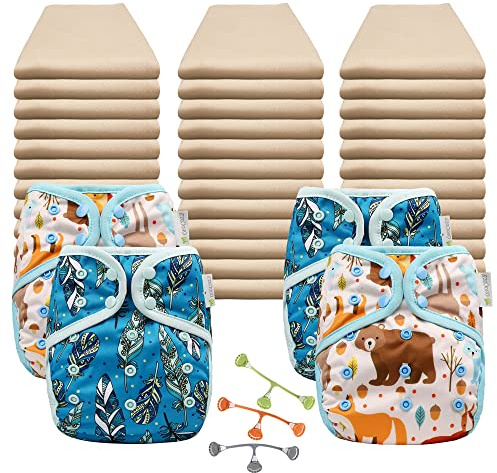 OsoCozy Economy Organic Flat Cloth Diaper Package - 36 Organic Cotton Birdseye Weave Diapers, 3 Snappi Fasteners, 4 OneSize Diaper Covers (2 Forest Critters, 2 Jay Feathers)