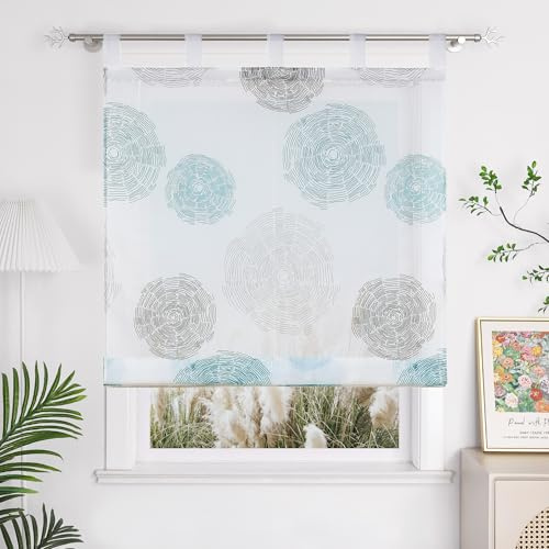 Yujiao Mao Voile Raffrollo mit Schlaufen, Weiß Blau, BxH 120x150 cm | Moderne Raffgardine mit Kreis-Muster, Halbtransparente Küchengardine, Raffrollo für Küche und Wohnzimmer, Sichtschutz